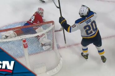 Blues' Binnington Makes Big Save Then Schenn Feeds Saad For Goal At Other End