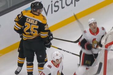 Brad Marchand spears Dylan Demelo for triple minor penalty (Breakdown)