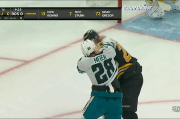 Timo Meier vs Brandon Carlo FIGHT, Sharks @ Bruins Jan 22 2023