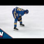 Blues' Logan Brown Bloodied After Taking Hip Check From Andreas Englund