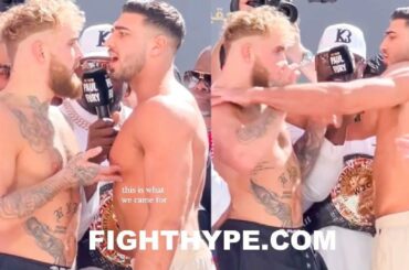 CRAZY! TOMMY FURY PUSHES JAKE PAUL FOR FLICKING NIPPLES LIKE "BEAN DIP" AT WILD WEIGH-IN & FACE OFF