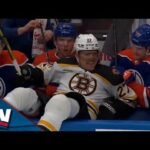 Klim Kostin Knocks Bruins' Lindholm Into Oilers' Bench With Huge Hit