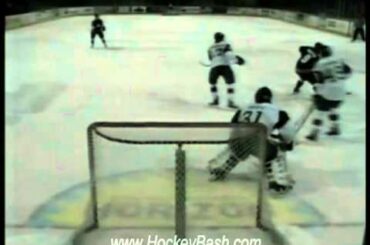 Sioux City Musketeers Prochno's shot off the iron splits the puck in half on impact