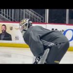 Former LA King Jonathan Quick arrives on ice for first practice with Golden Knights. March 3, 2023