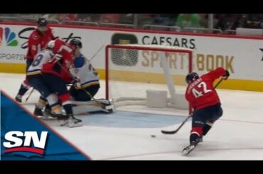 Capitals' Alexander Alexeyev Sets Up Martin Fehervary For Nice Backdoor One-Timer vs. Blues