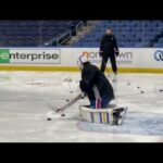 Devon Levi works in the net at Buffalo Sabres practice