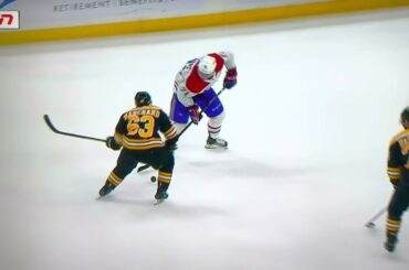 Jake Evans being targeted by the Boston Bruins players