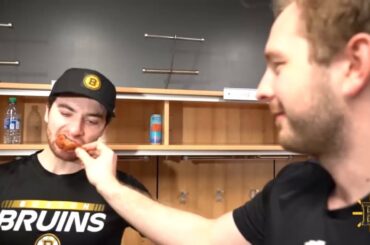 Linus Ullmark gives Jeremy Swayman chicken after his 2nd straight shutout