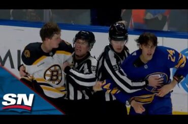 Sabres' Dylan Cozens & Bruins' Trent Frederic Exchange Blows Before Linesmen Interrupt