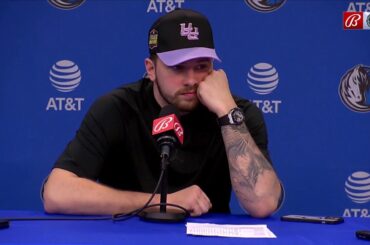 Luka Doncic talks with the media after loss to the Spurs