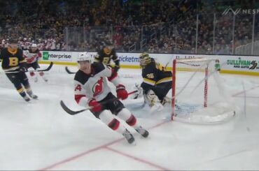 Nathan Bastian strips David Pastrnak and scores on the breakaway