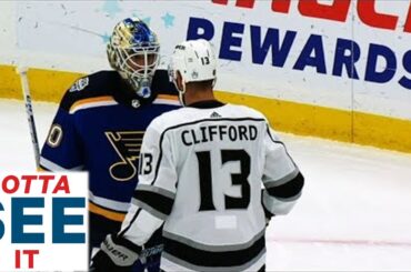 GOTTA SEE IT: Two Blues Step In After Clifford Crosschecks Binnington