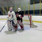 Joey Daccord of the @seattlekraken using Cory Schneider as a screen for the power play drill.