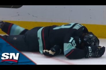 Kraken's Jared McCann Leaves The Game After Taking A Hit From Avalanche's Cale Makar Into The Boards