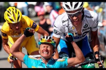 Tour de France 2007 - stage 15 - Rasmussen & Contador sprint uphill, Vinokourov strikes back