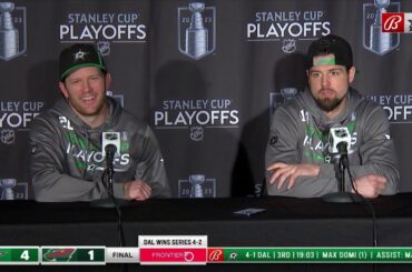 Ryan Suter and Jamie Benn at the Podium after Game 6 Win