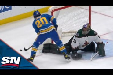 Blues' Brandon Saad Banks Own Rebound In Off Coyotes' Karel Vejmelka From Behind The Goal Line