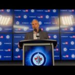 Winnipeg Jets GM Kevin Cheveldayoff addresses the media, Sunday, April 30, 2023