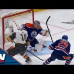 Golden Knights' Nicolas Roy Fights Off Cross-Check Before Ending Stuart Skinner's Shutout Bid