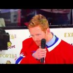 Habs captain Nick Suzuki and Mike Matheson address the crowd after the last game of the season