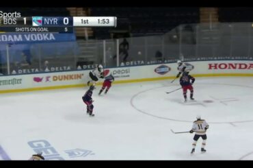 Connor Clifton poise with the puck for Bruins goal 1 vs NYR