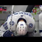 Mikhail Sergachev blocks Necas shot with his knee and crawls to the bench (5 mar 2023)