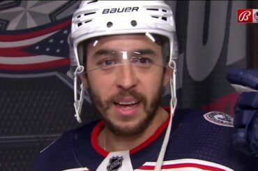 Blue Jackets' Johnny Gaudreau reacts to overtime game-winner and five-point performance vs. Sharks