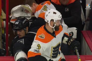 Gudas hip checks Gravel into Flyers bench, lands in Mason's lap