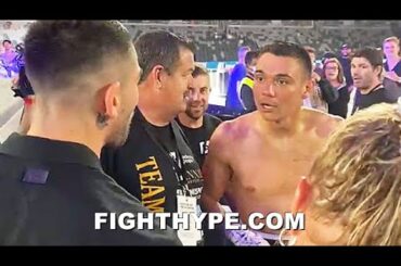 TIM TSZYU CONFRONTED BY MICHAEL ZERAFA SECONDS AFTER KNOCKING OUT MORGAIN IN 1ST ROUND