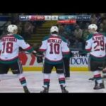 Puck Hits Don Nachbaur on the Spokane Bench (WHL, Feb. 17, 2017)