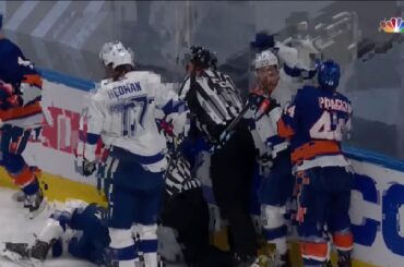 Matt Martin Shoots Puck At Andrei Vasilevskiy After Buzzer Sounds, Scrum Ensues