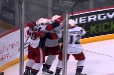 Landon Ferraro and Tomas Nosek Line out working the opposition for the goal