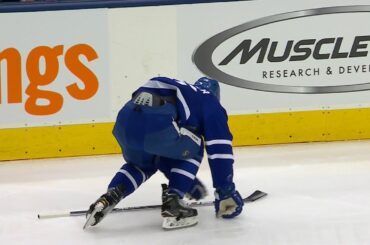 Marner in discomfort after blocking shot, taking hit