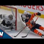 Zach Hyman Sets Up Leon Draisaitl's 49th Of Season With Beautiful Backhand Feed While Falling