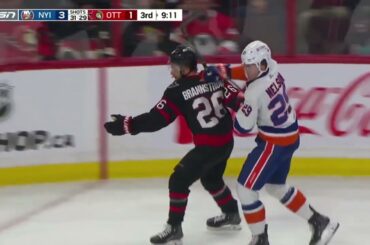 NHL Erik Brännström (Ottawa Senators) Looks for Penalty call on Brock Nelson (New York Islanders)