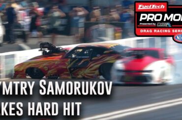 Dymtry Samorukov takes a hard hit into the wall during burnout