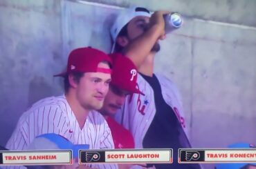 Travis Konecny, Scott Laughton, and Travis Sanheim at the Phillies game 😂