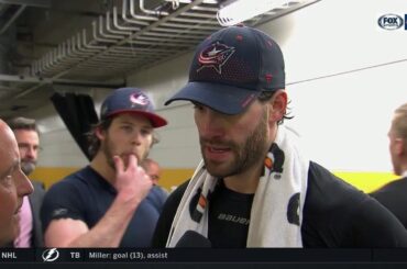 Boone Jenner gets wet willy from Josh Anderson during interview | BLUE JACKETS-PREDATORS POSTGAME