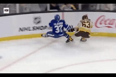 Brad Marchand slew foots Timothy Liljegren and Liljegren leaves the game