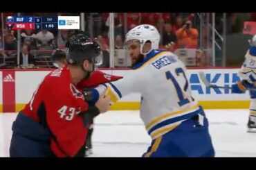 Jordan Greenway challenges Tom Wilson after Wilson elbows Owen Power