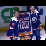 The NY Islanders present Cal Clutterbuck with a Silver Stick Ceremony for his 1,000 NHL games!