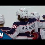 Blue Jackets' Kirill Marchenko Slings Puck Top Corner From Tough Angle vs. Hurricanes