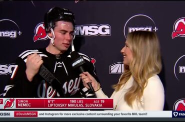 Simon Nemec NHL Debut Intermisson Interview Hilarious! #NJDevils