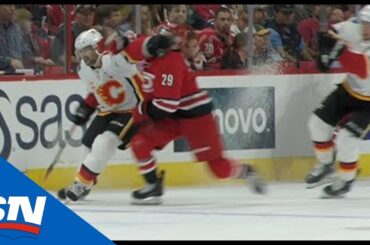 Flames’ Mark Giordano Wipes Out Hurricanes’ Brian Gibbons With Clothesline