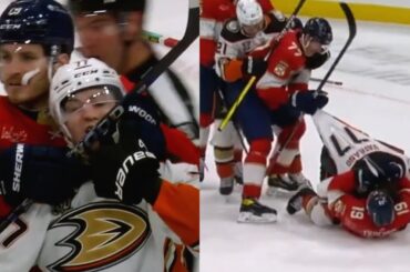 Matthew Tkachuk roughly clutched Frank Vatrano's neck with a stick and started a new fight with him