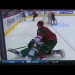 Connor Murphy gets stick caught in Jason Zucker's skates