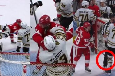 Swayman whacks Compher, McAvoy punches Compher, Debrincat slashes McAvoy, scrum ensues