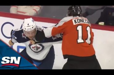 Flyers' Travis Konency Drops The Gloves With Jets' Neals Pionk And Exchange Blows In Heated Tilt