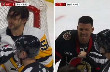 Kris Letang and Mathieu Joseph exchange words