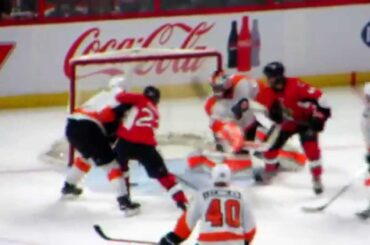 Jean-Gabriel Pageau scores a goal during the Flyers @ Senators hockey game